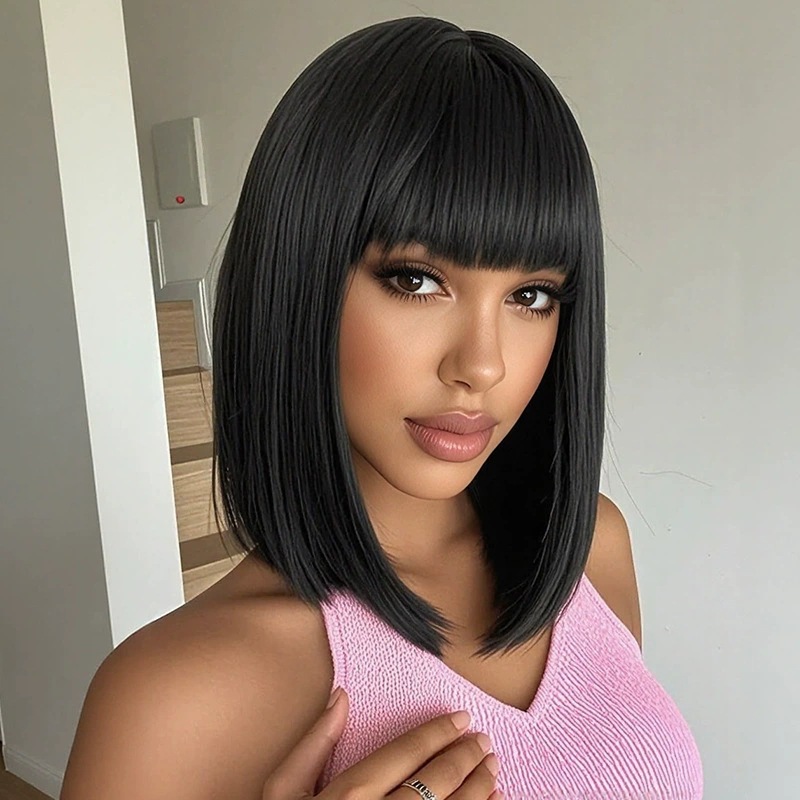 Wig Fiber Net - Wig rambut pendek lurus hitam wanita